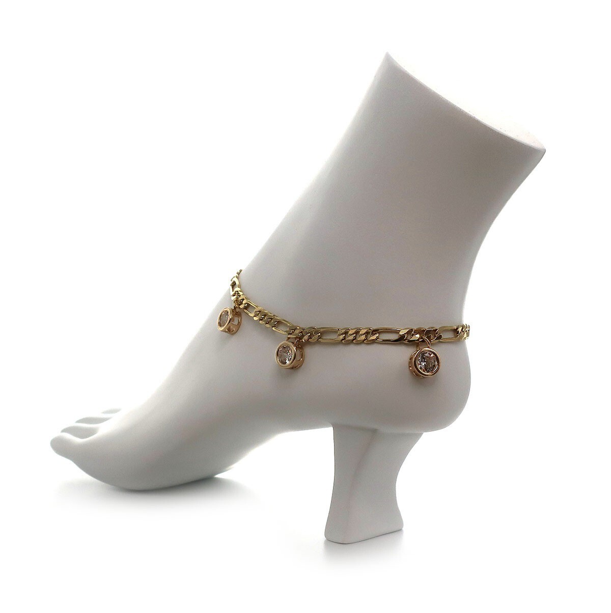 Italian Figaro Link Chain Anklet Cubic Zirconia Ankle Bracelet 14k Gold Plated