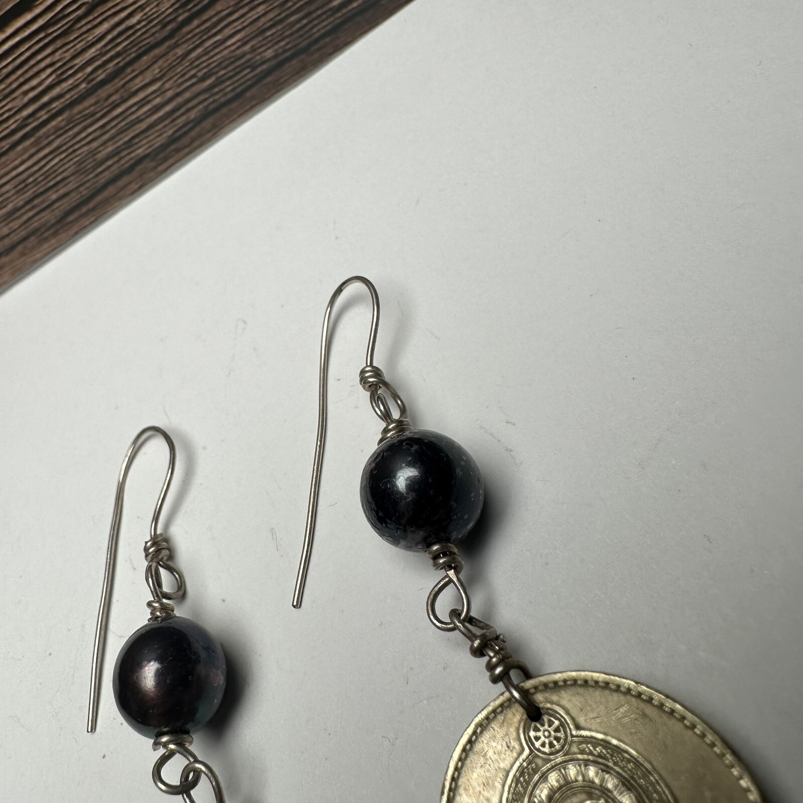 Sri Lanka 5 Rupees Coin Beaded Dangle Drop Pierced Earrings