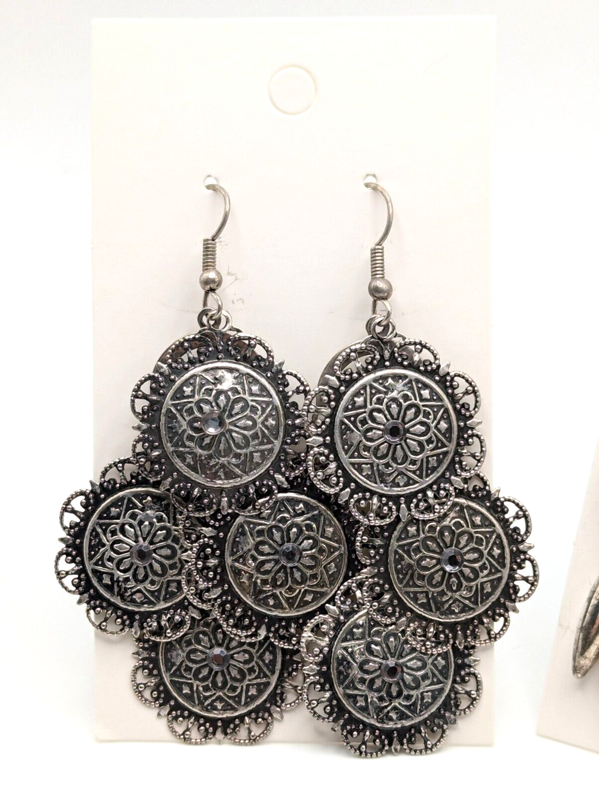 2 Pair Boho Filagree Styke Earrings Silver Tone Dangle Light Weight 2″ Long