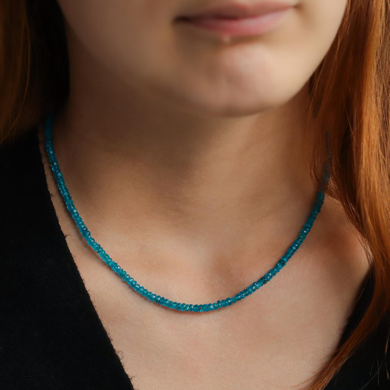 2mm Blue Apatite Choker Necklace Dainty Crystal Beaded Minimalist Gift for Her