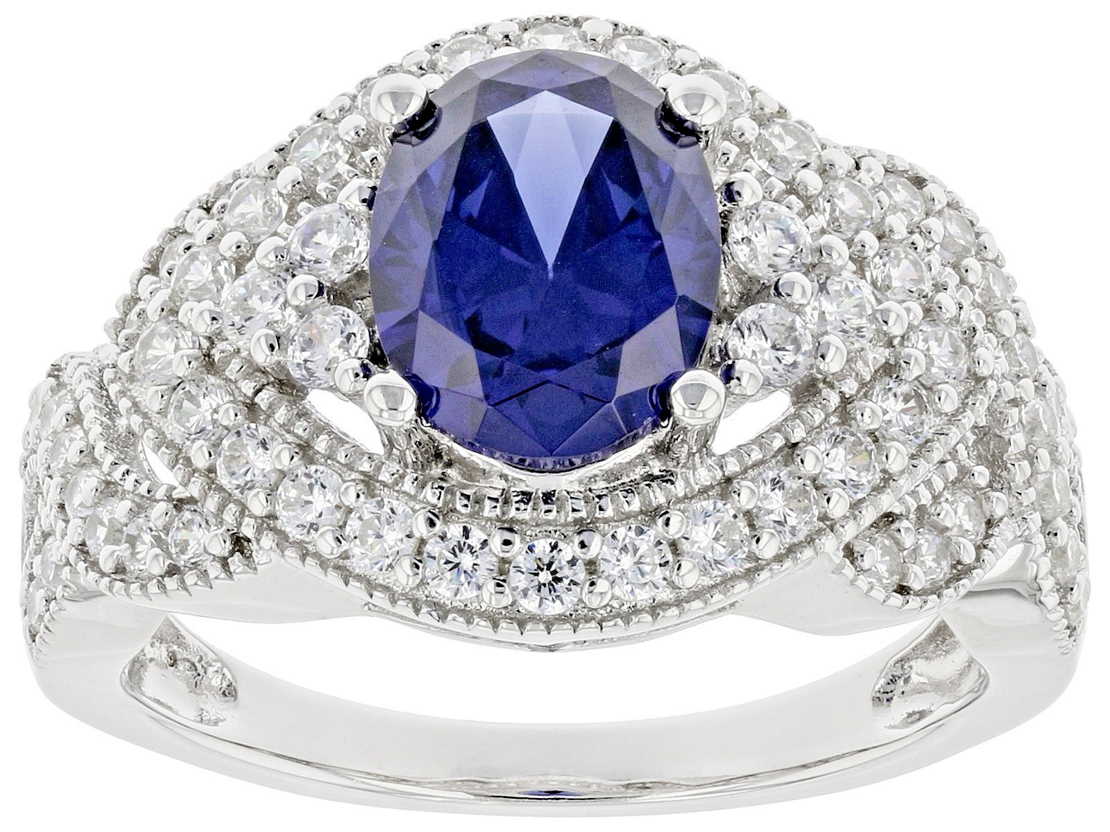 Simulated Tanzanite & Diamond Ring • Rhodium Over 925 Sterling Silver Sz 11 NEW