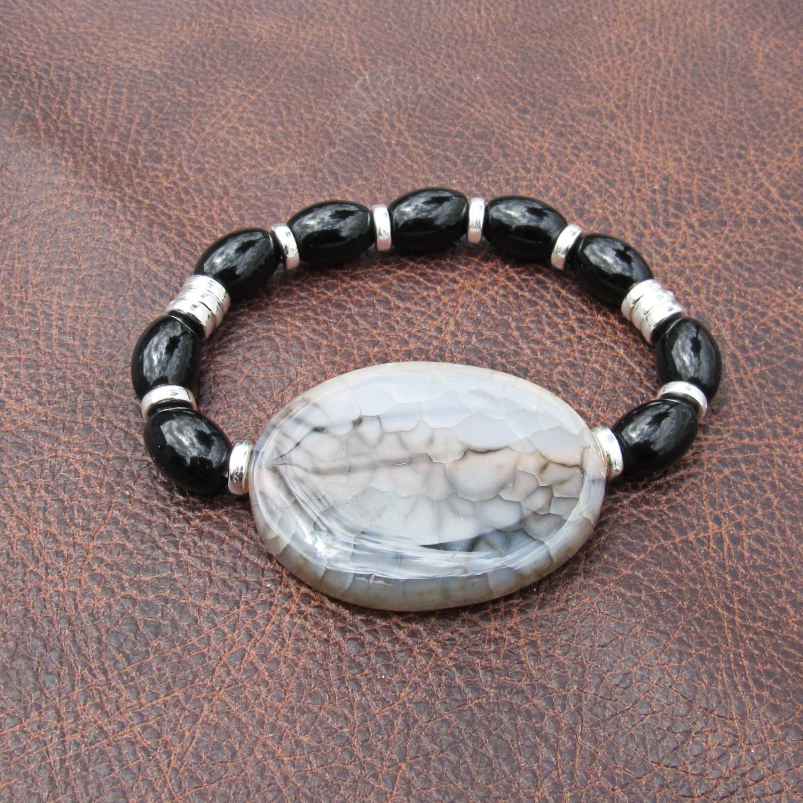 Black Fire Crackle Agate, Black Obsidian Stone Stretchy Bracelet 6 inches