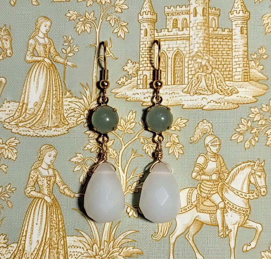 Natural Green Jade In Large Drop Gold Plated Earrings