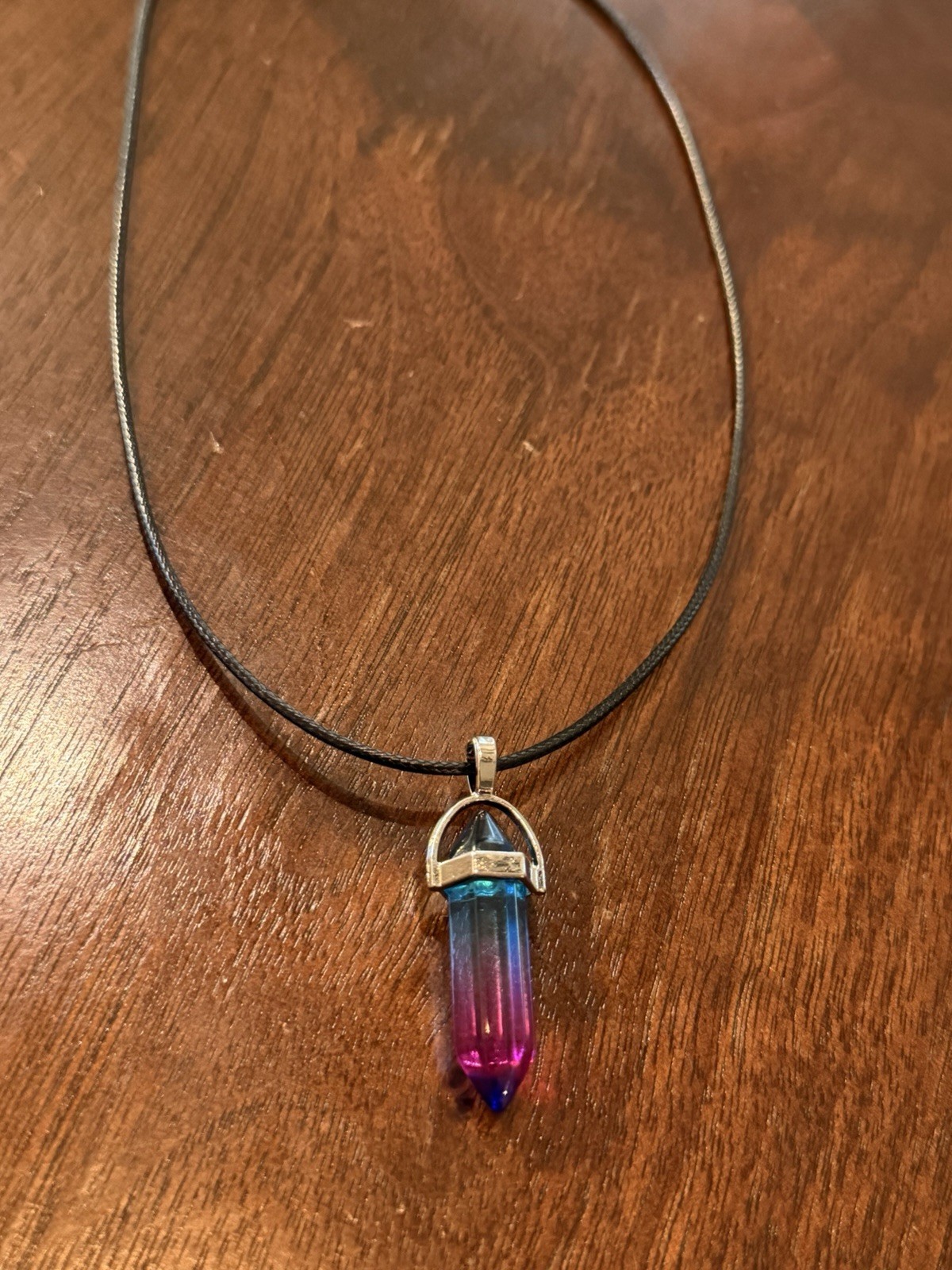 Blue Purple Pink Ombre Crystal Point Pendant Necklace Silver Tone Cord Boho New