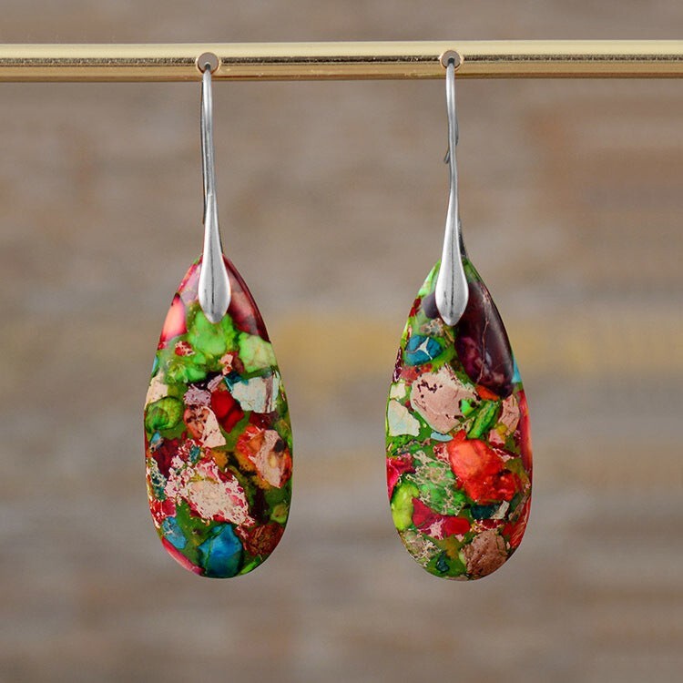 Natural Floral Jasper Teardrop Dangle Earrings Healing Stone Drop Earrings Gift