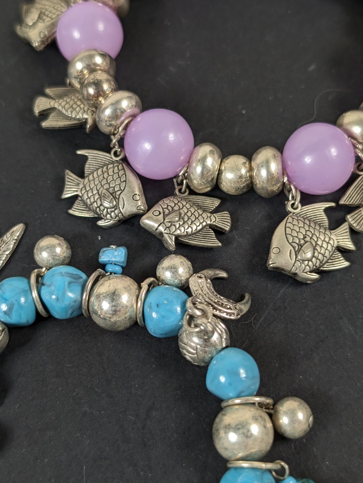 5 Beachy Beaded Bracelets Lot Silver Tone Metal Beads With Charms Fish Shrimp