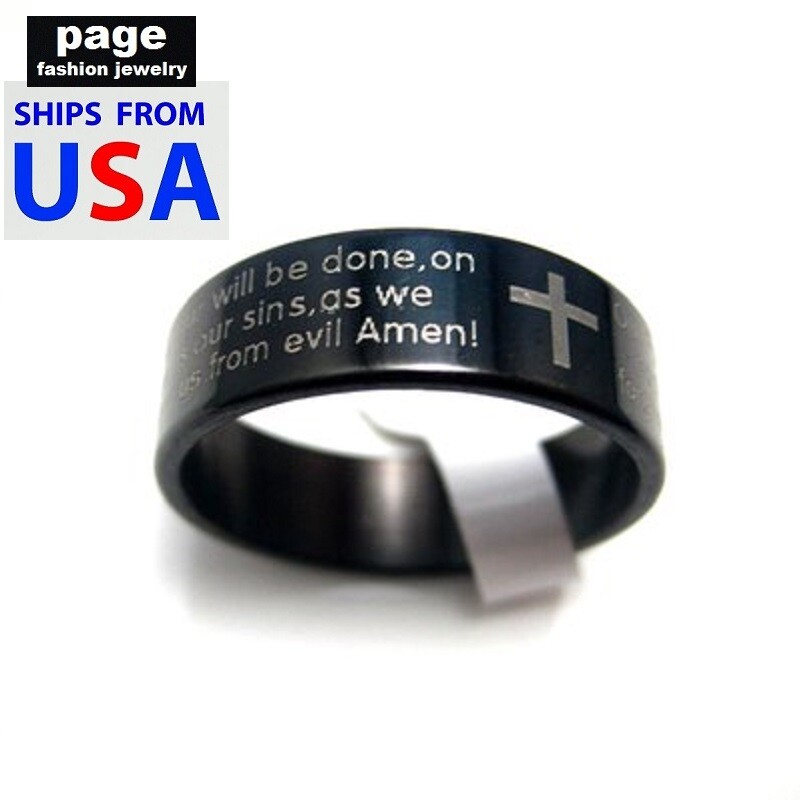 US Seller- Lord’s Prayer (English) Black Stainless Steel Ring Sizes 6.5 – 12.5
