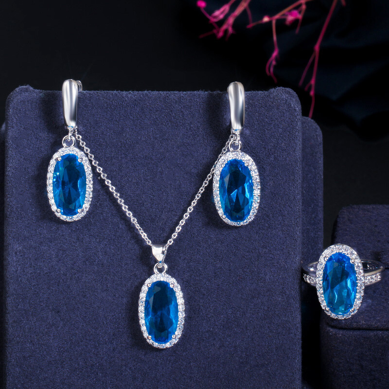 Vivid Cubic Zirconia Oval Drop Necklace Ring Earrings Silver Plated Jewelry Set