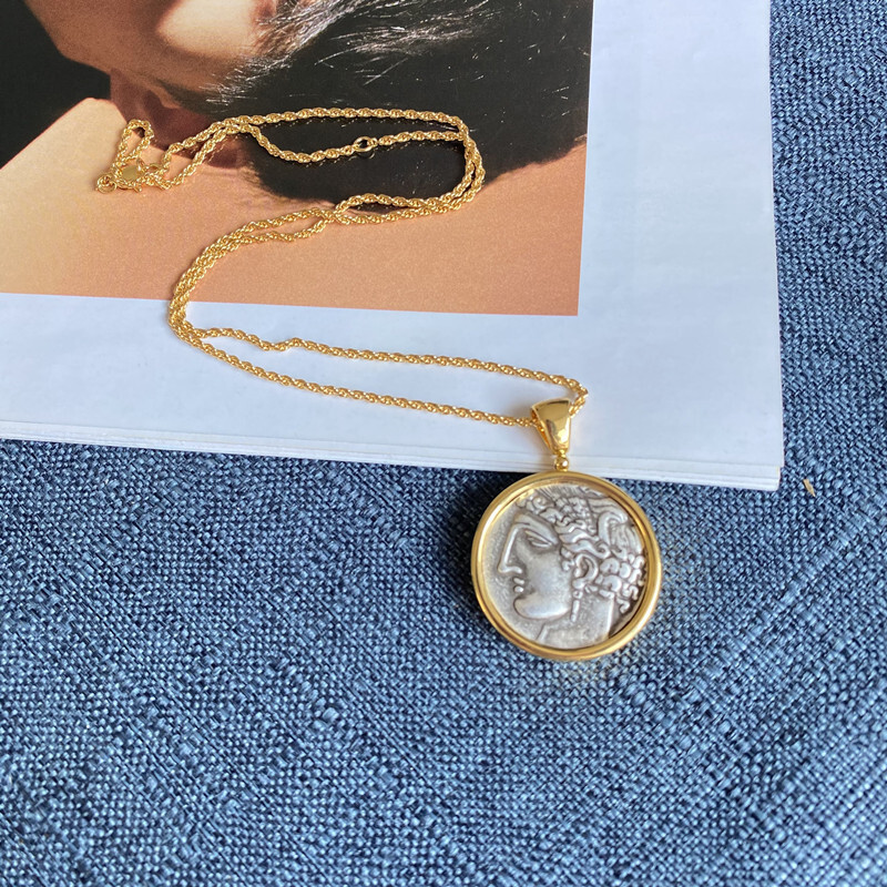Retro Greek Mythology Carthaginian Goddess/Pegasus Coin Pendant Necklace