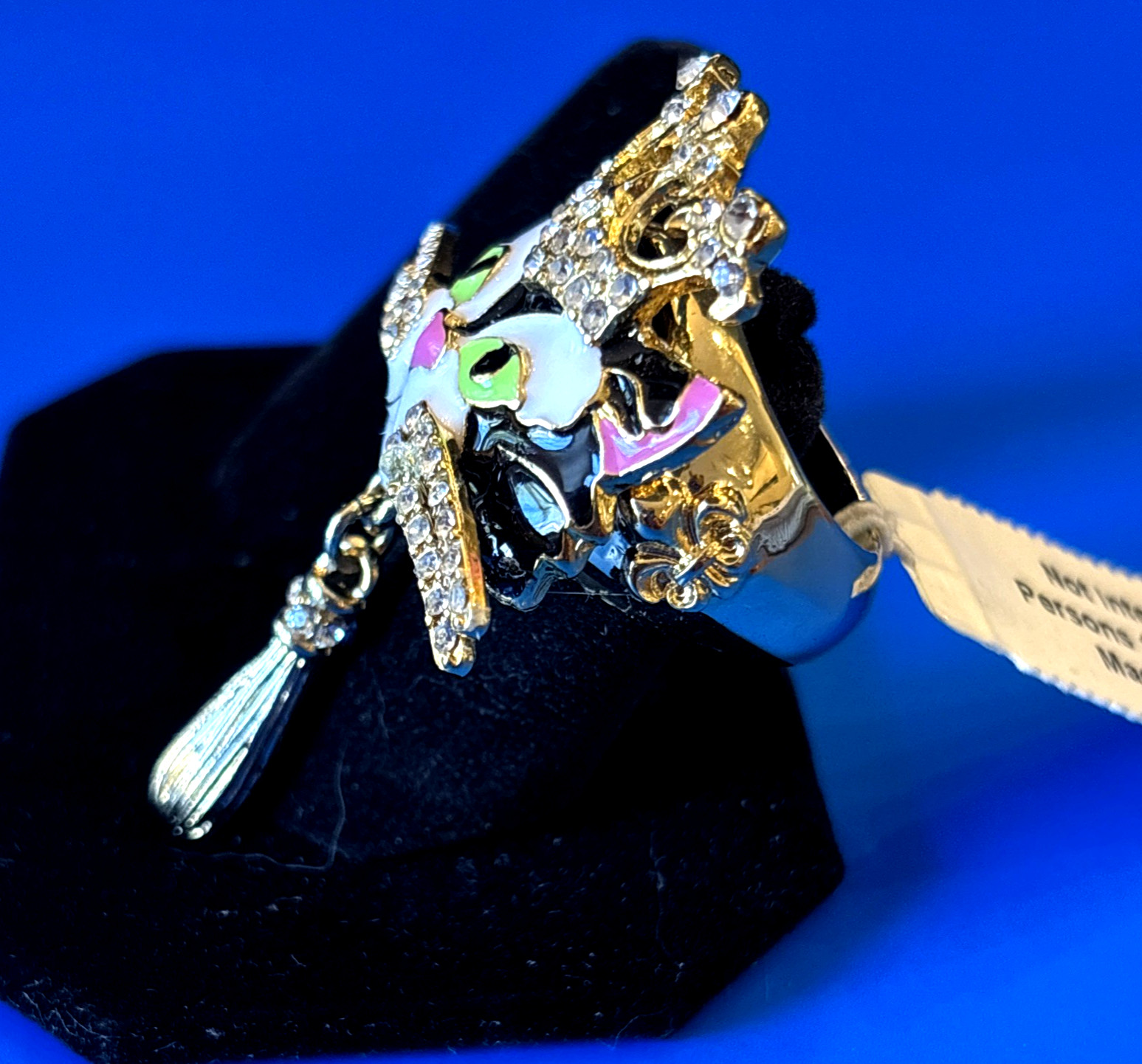 Ritzy Couture Enamel Princess Kitty Rhinestone Crown Ring, Goldtone – Size 8