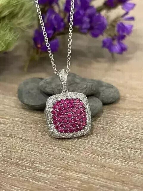 2Ct Round Cut Simulated Red Ruby Women’s Cluster Pendant 14K White Gold Plated