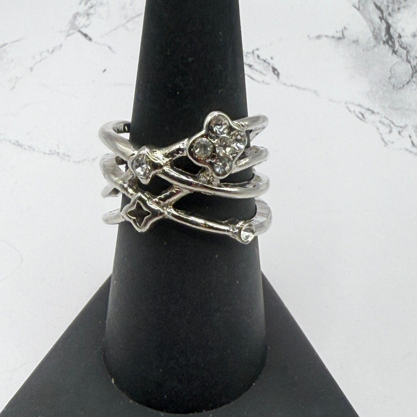 Silver Tone Wrap Ring Size 8 Floral Cluster Clear Rhinestone Band