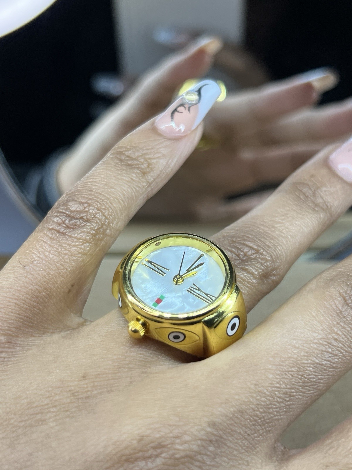 Gold Watch Ring with Evil Eye Design And Stretch Band, Fits Size 6-11