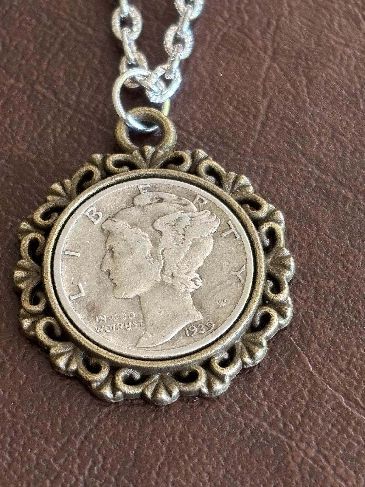 Elegant 1939 Silver Mercury Dime Necklace in a Decorative Bezel. Sure To Please!