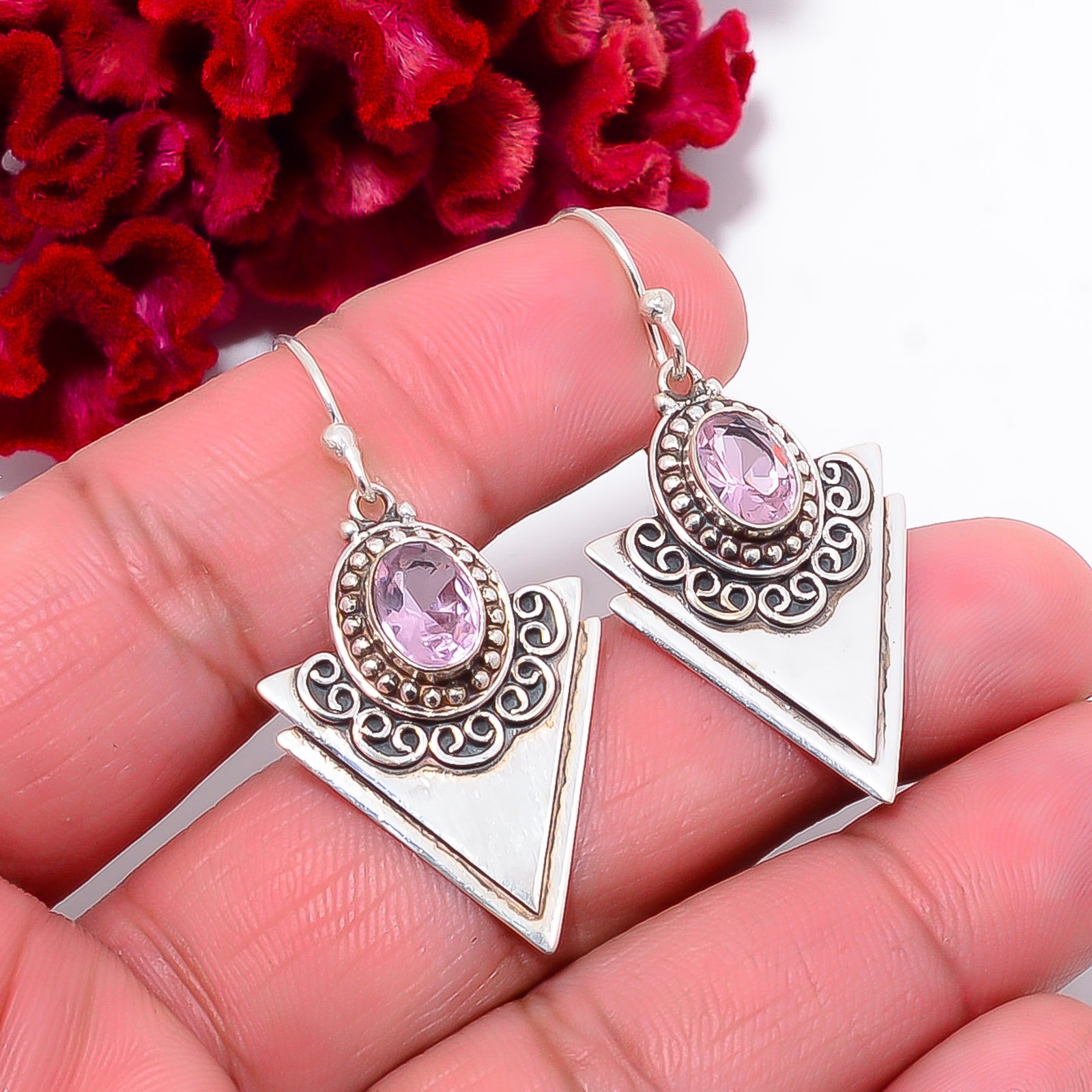 Pink Kunzite Designer Handmade 925 Sterling Silver Earring 1.76″ E10295110253