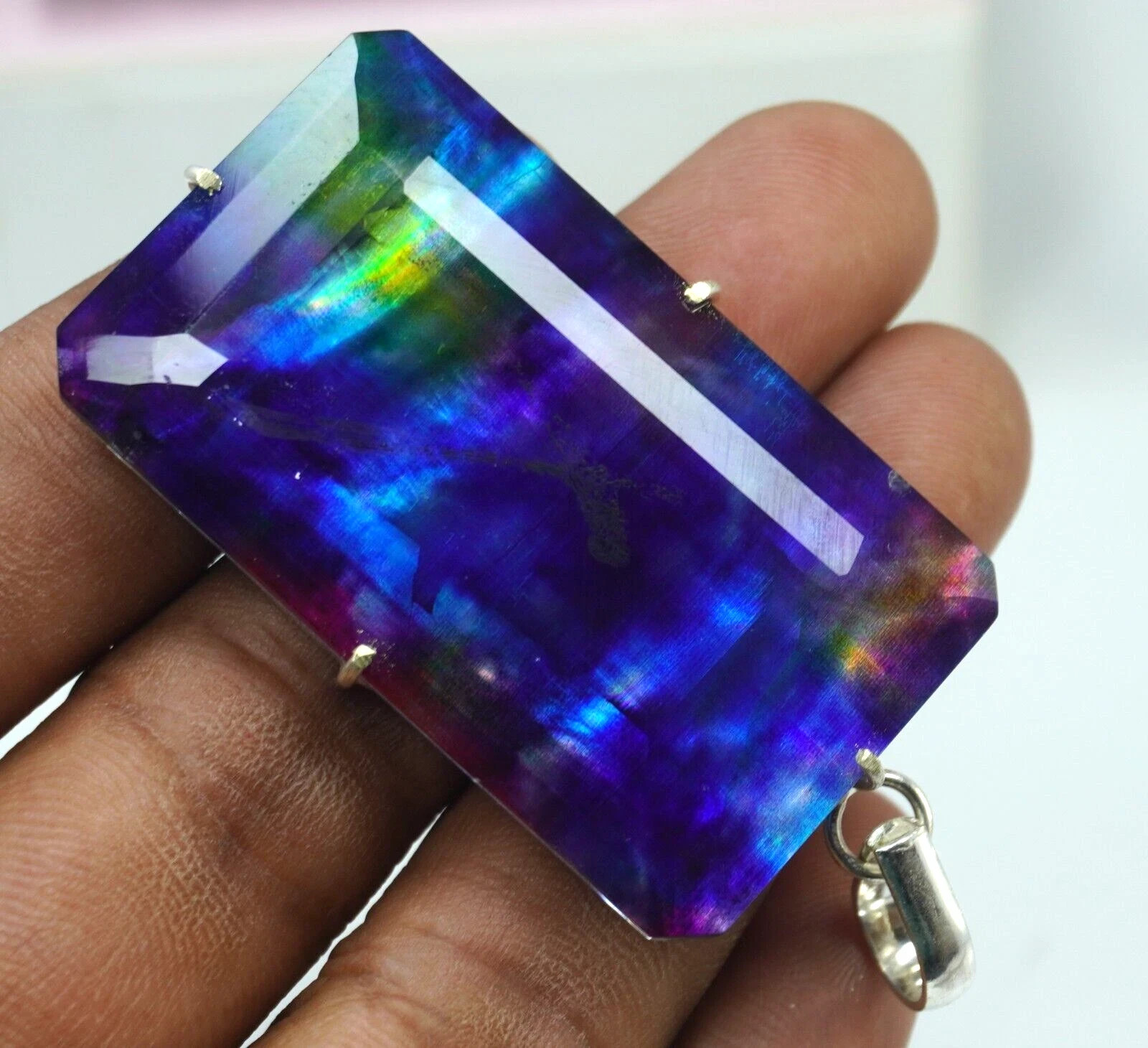 Certified 90 Ct Natural Ammolite 925 Solid Silver Rainbow Pendant Gemstone