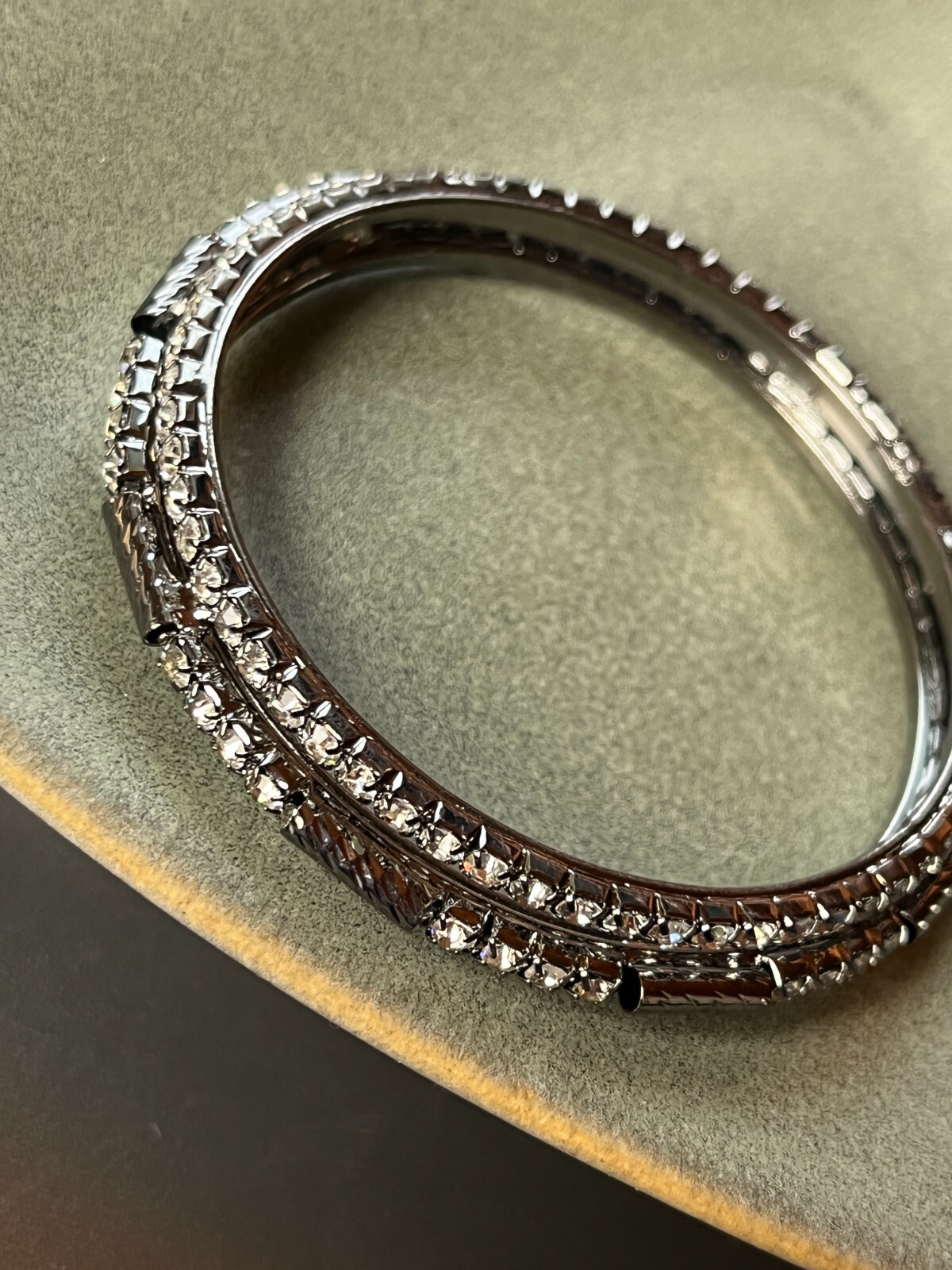 Clear Rhinestone Encrusted & Oxidized Silvertone Bangle Bracelet – 2.25 inches a