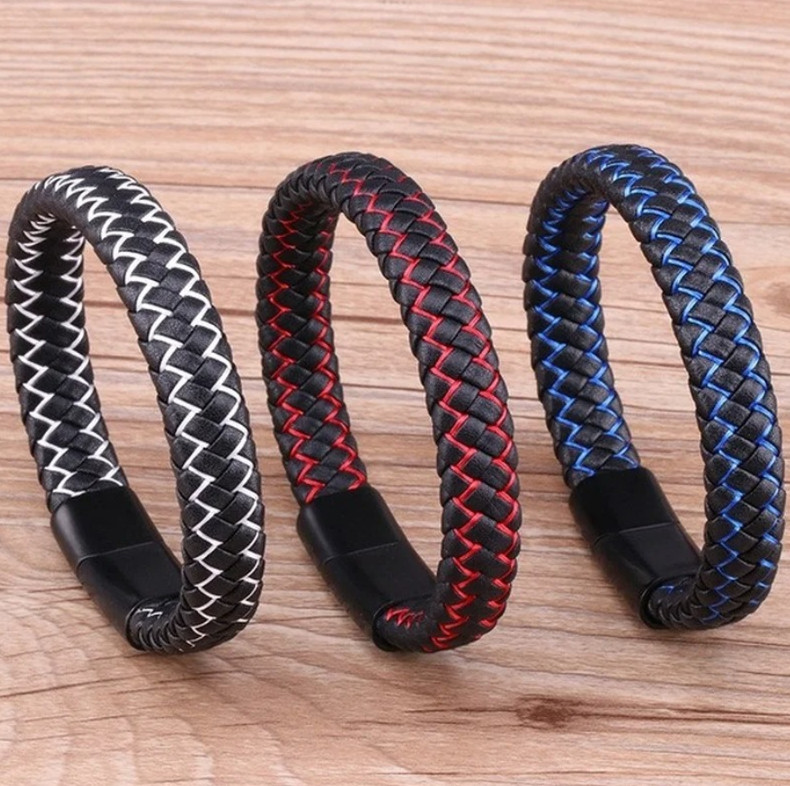 1pcs Black Braided Leather Bracelet for Men with Stainless Steel Magnetic Clasp