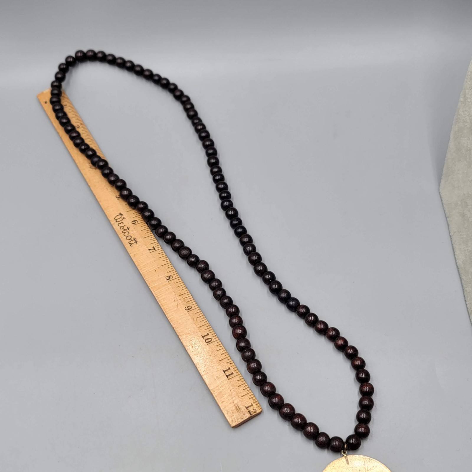 Wood Bead Necklace Mandala Round Pendant 30 in