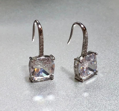 3CTW Simulated Diamond Cushion Drop Earrings 10k White Gold Plated Elegant Gift