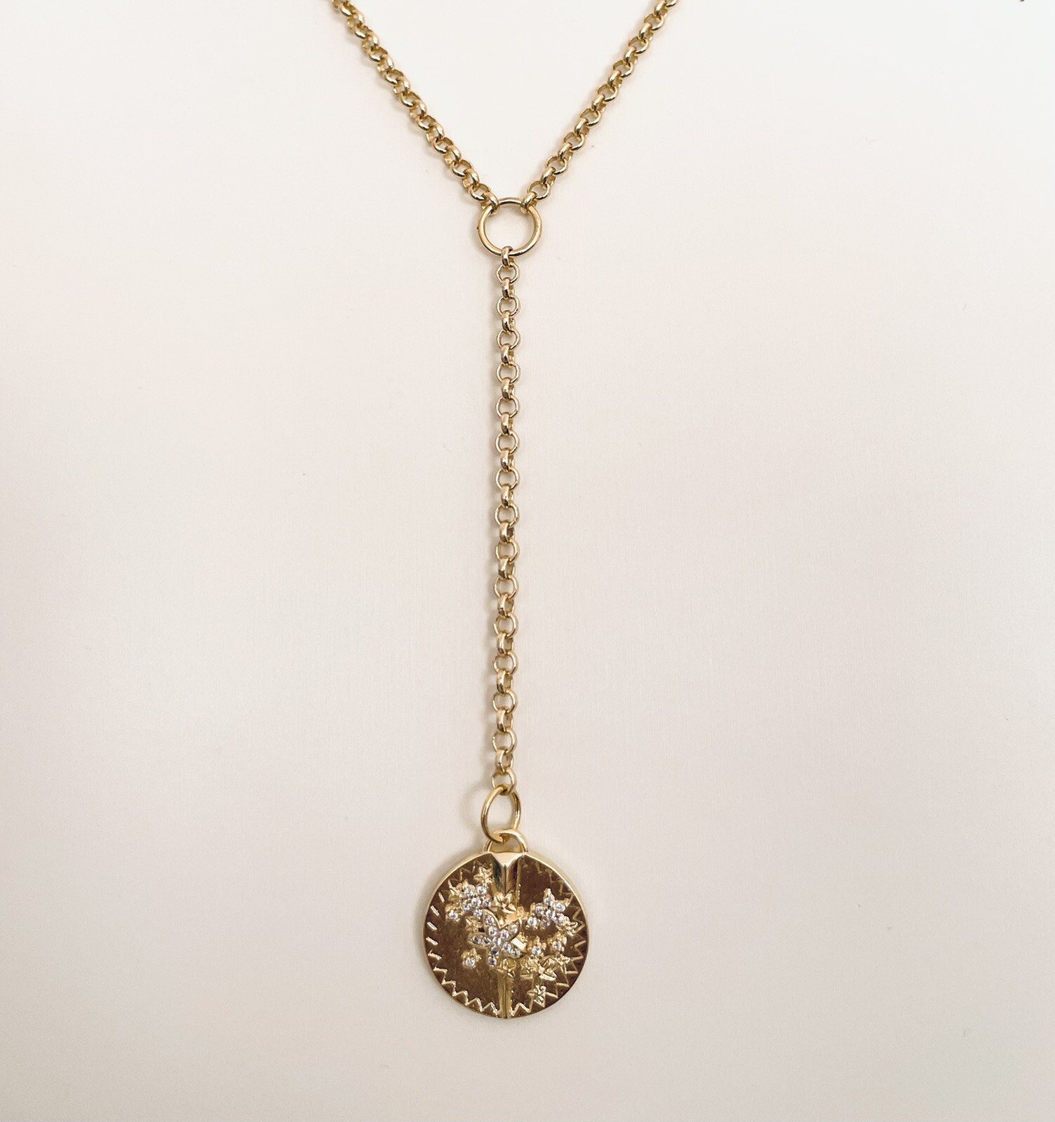 Belcher Rolo Chain Blossom Pave Star Pendant Necklace Lariat Medallion Charm