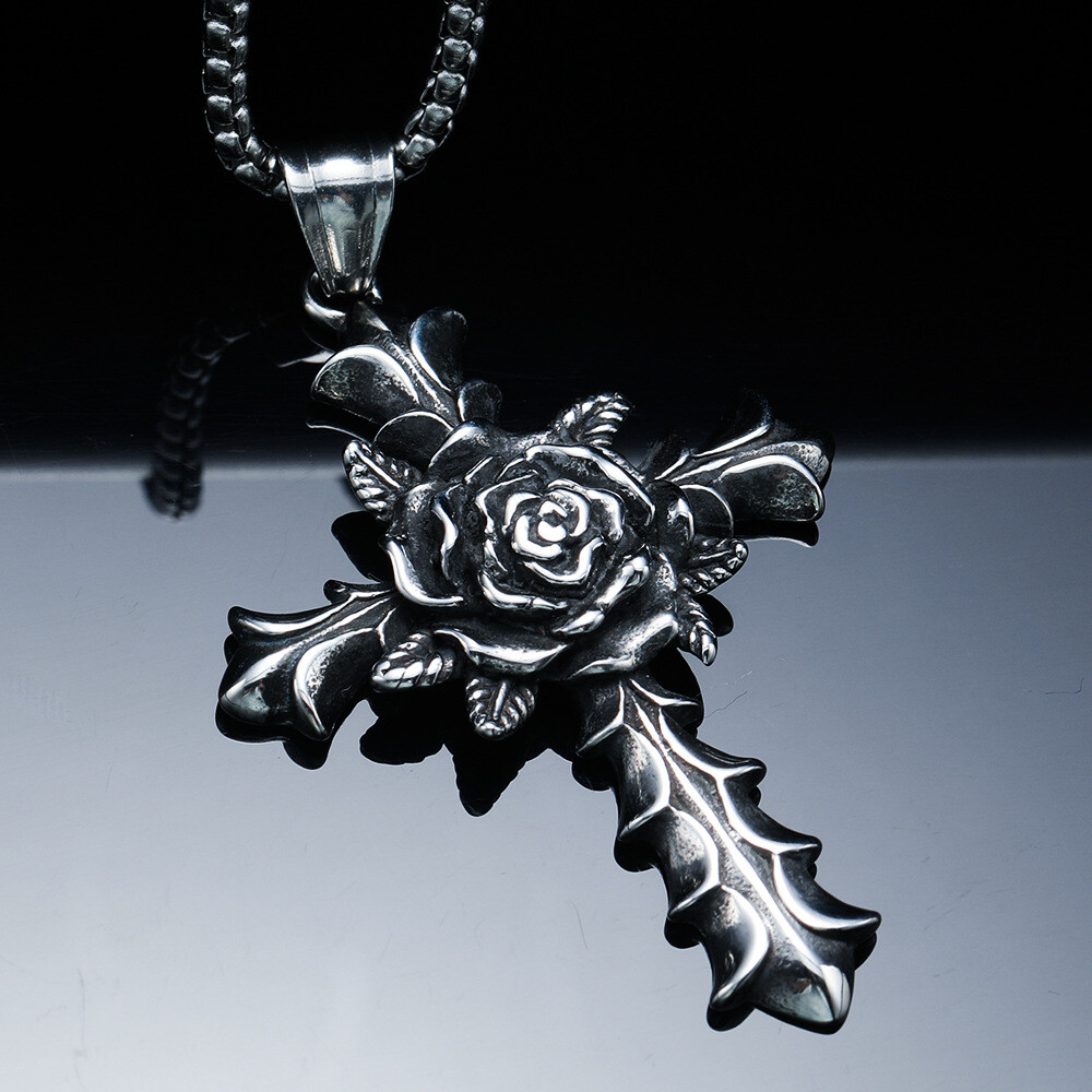 Men’s Necklace Hip Hop Punk Rose Cross Stainless Steel Men’s Necklace