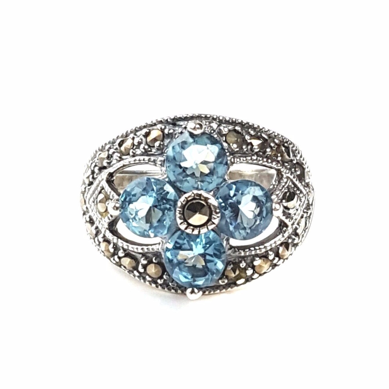 (SIZE 6,7,8,9) BLUE TOPAZ FLOWER RING Marcasite .925 STERLING SILVER
