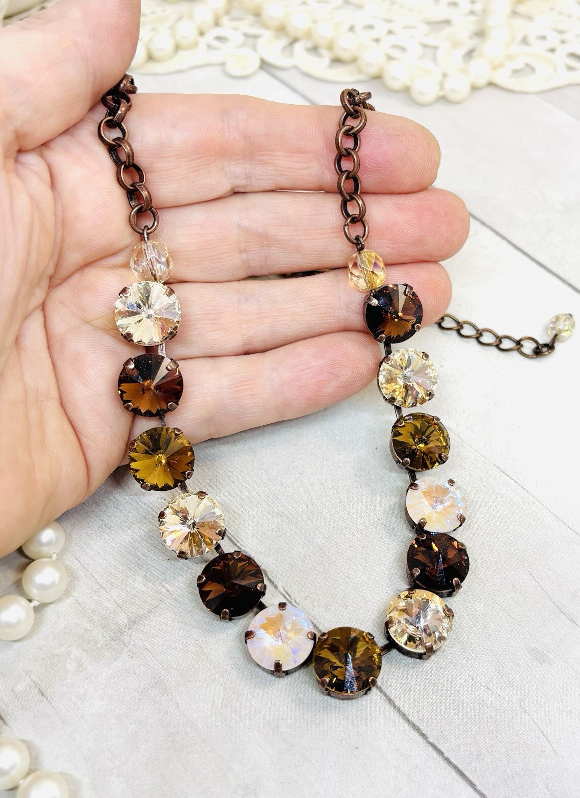 Antique Copper Plated Chocolate Brown and Cream Cup Chain Statement Necklace