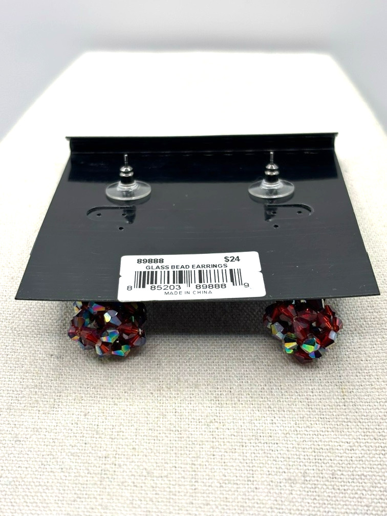 Cookie Lee Red Aurora Borealis Glass Bead Ball Drop Gunmetal Tone Earrings NWT