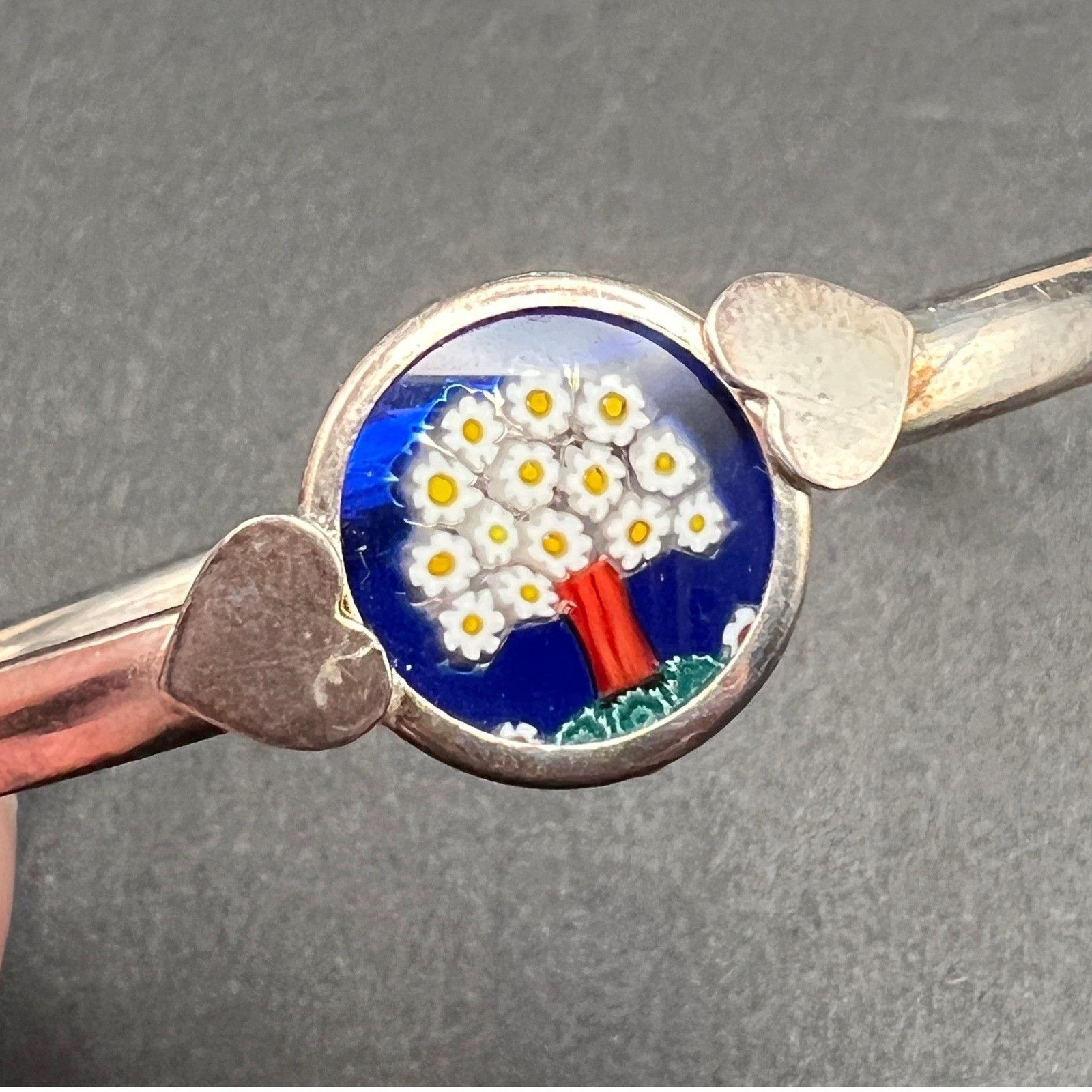 Vintage Art Glass Bracelet Silver Plated Blue Millefiori Tree Italy 6.75″