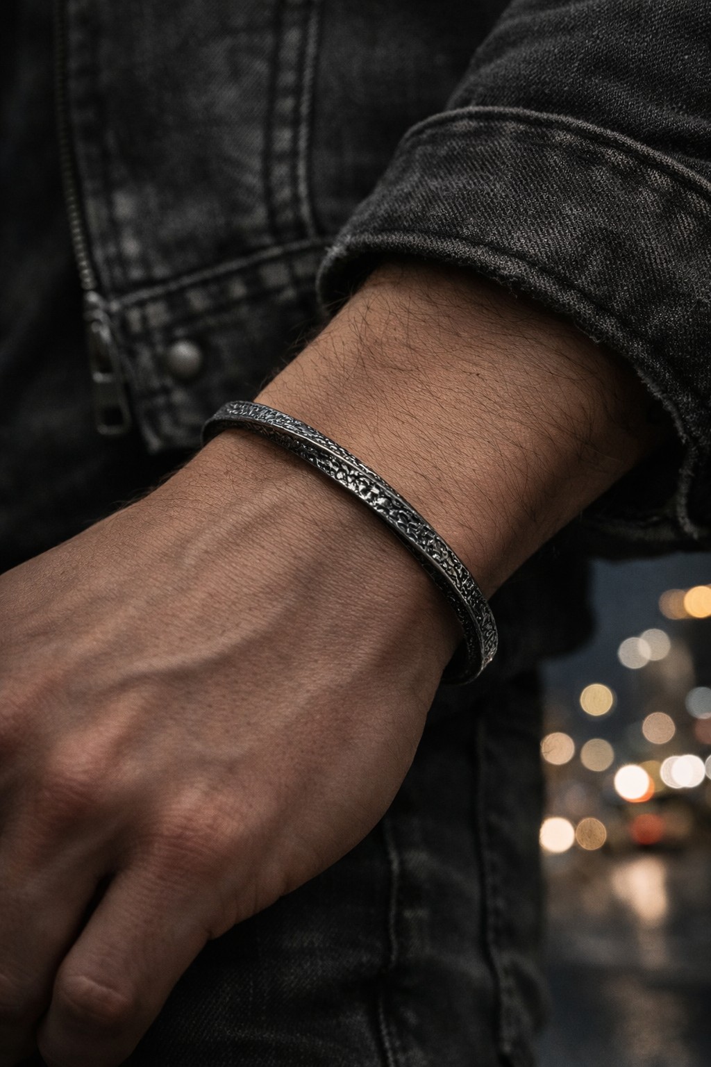 Men’s Open Cuff Bracelet Adjustable Silver Tone Textured Minimalist Bangle