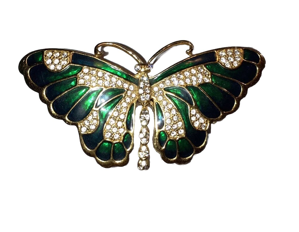 Kenneth J Lane Fashion Brooch Pin Enamel Crystal Gold Tone Butterfly Trinket Box