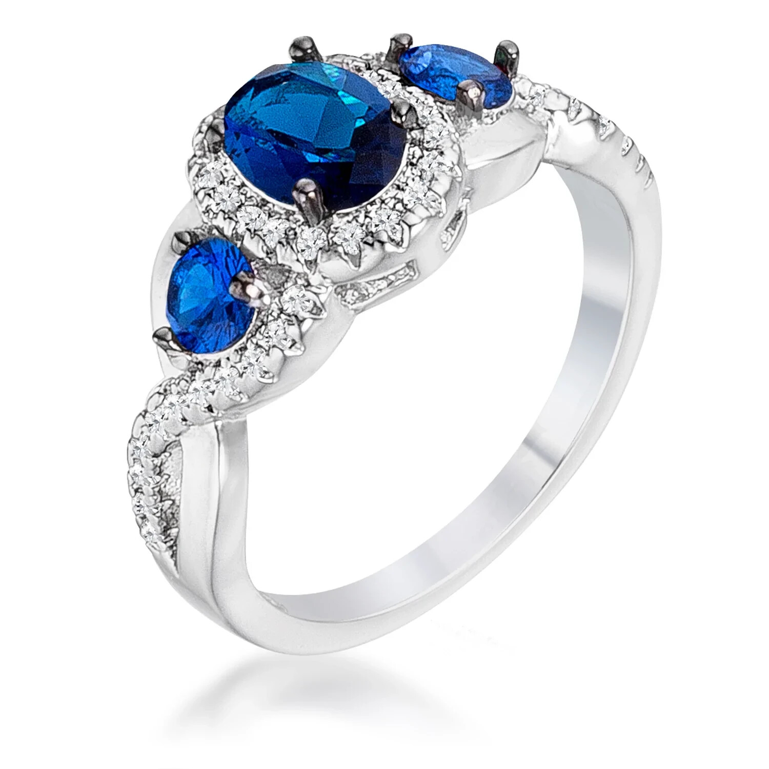 1.43Ct Rhodium & Hematite Plated Sapphire Blue & Clear CZ Three Stone Twisted Ri