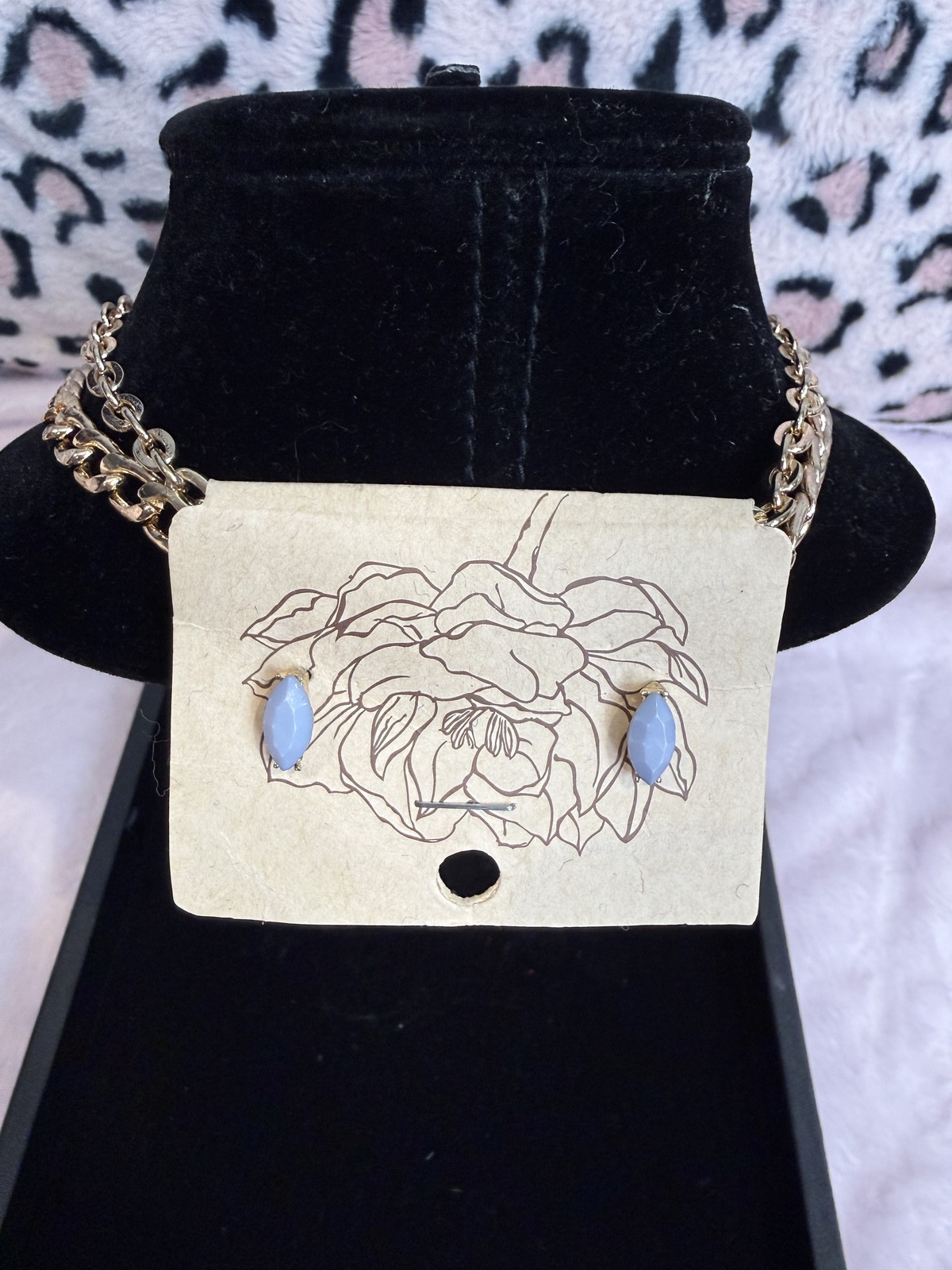 Gold Tone Bib Necklace Earrings Set Blue Champagne Crystal Floral Collar