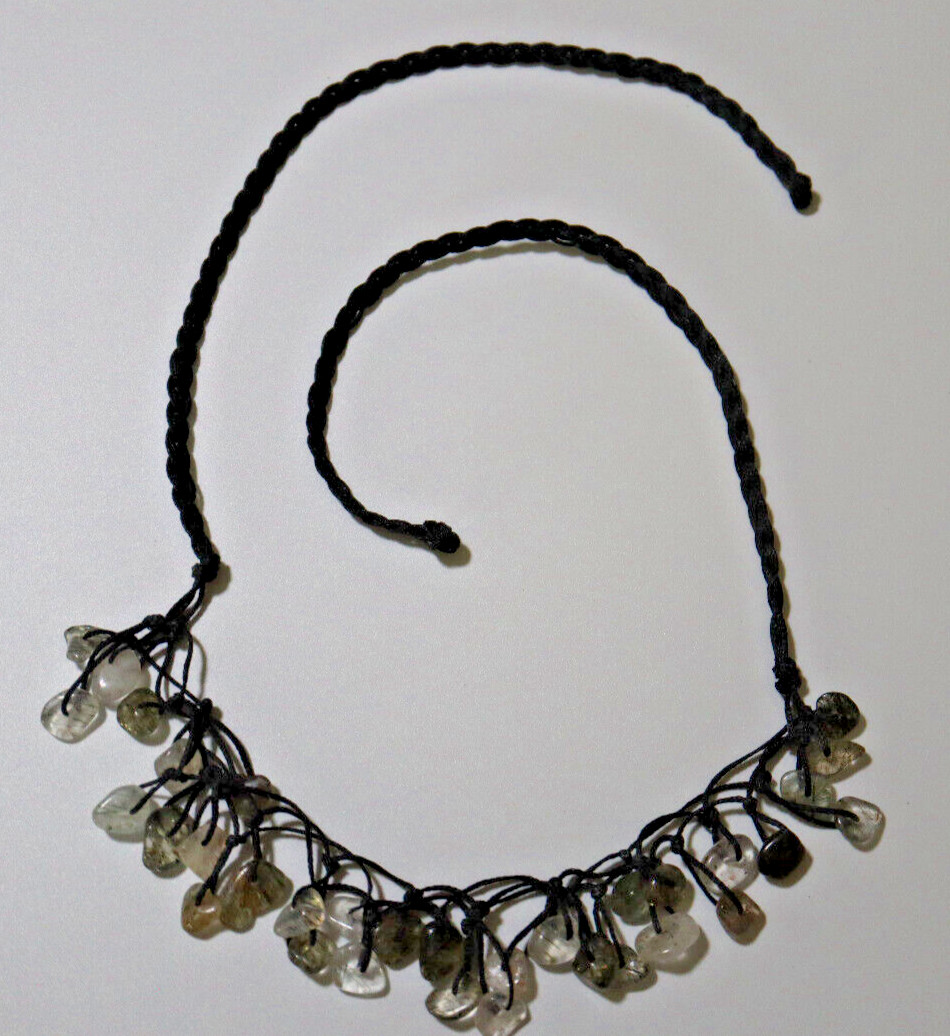 NECKLACE BLACK BRAIDED CORD W/OVER 40 POLISHED RUTILATED QUARTZ STONES 14″-26″