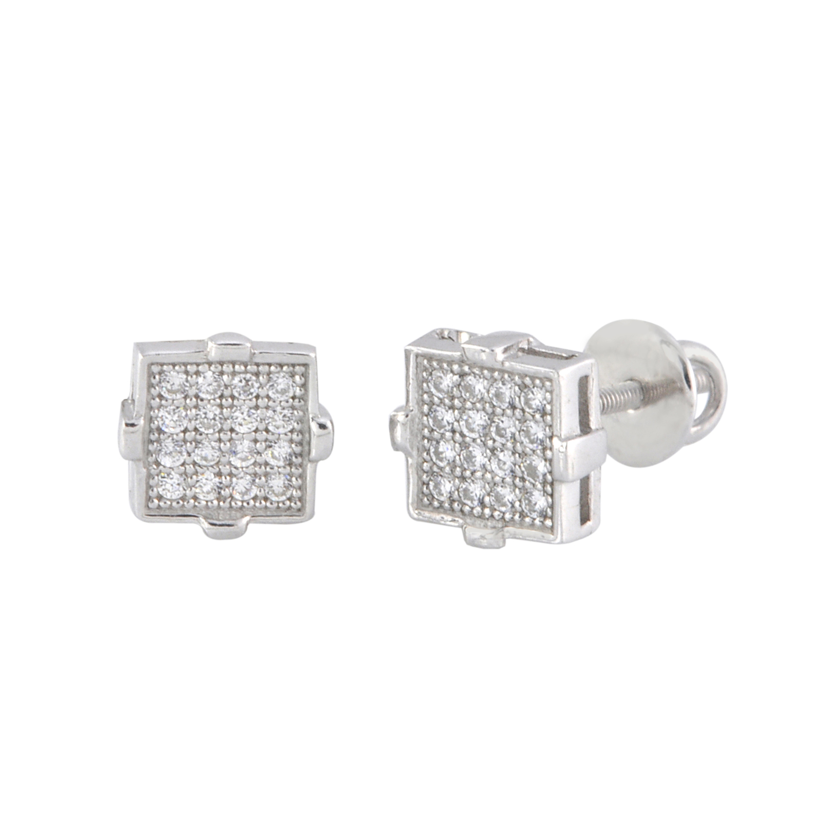 925 Sterling Silver 6mm Square Micropave Cubic Zirconia Screwback Stud Earrings