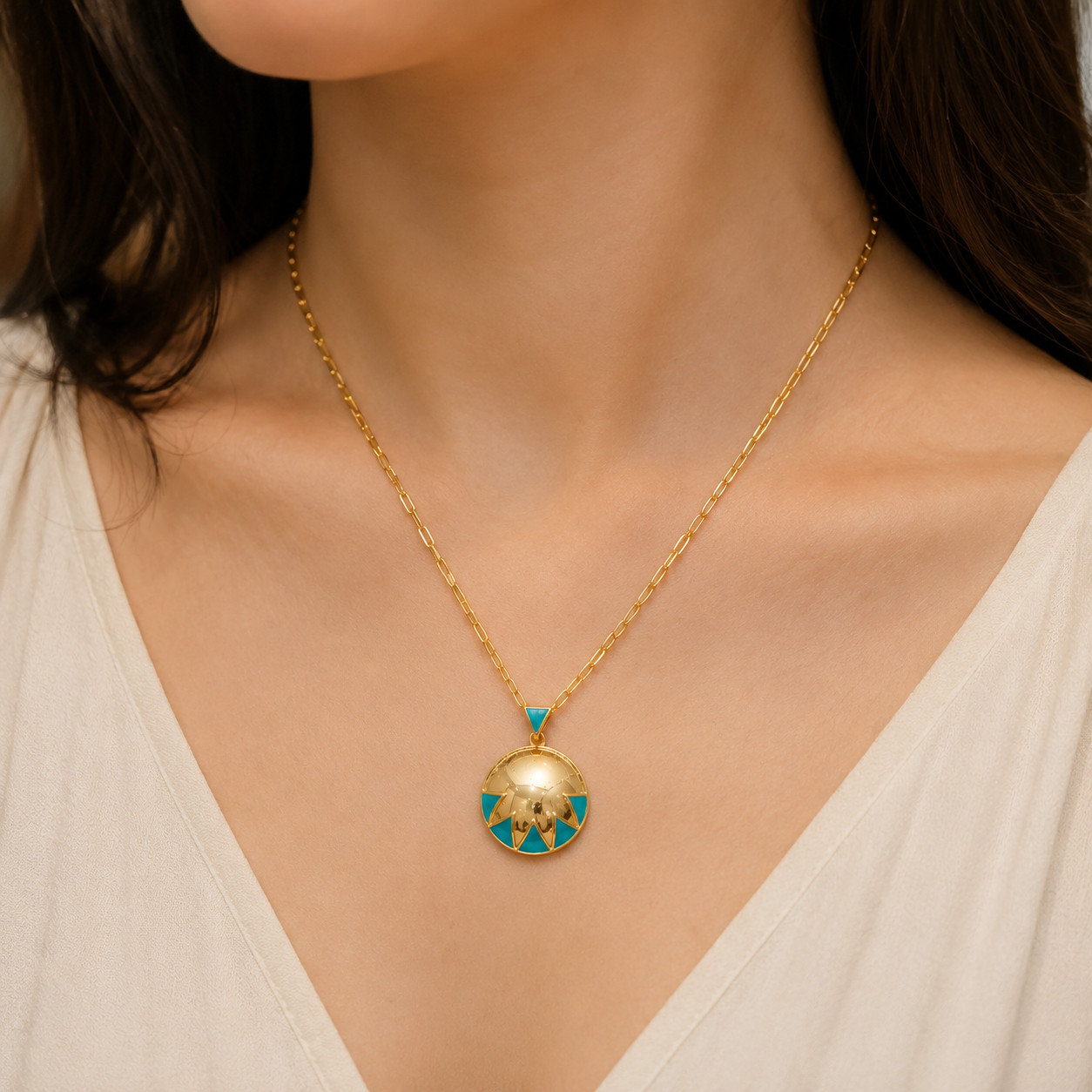 turquoise Enameled Necklace Brass Metal Pendant necklace for gift