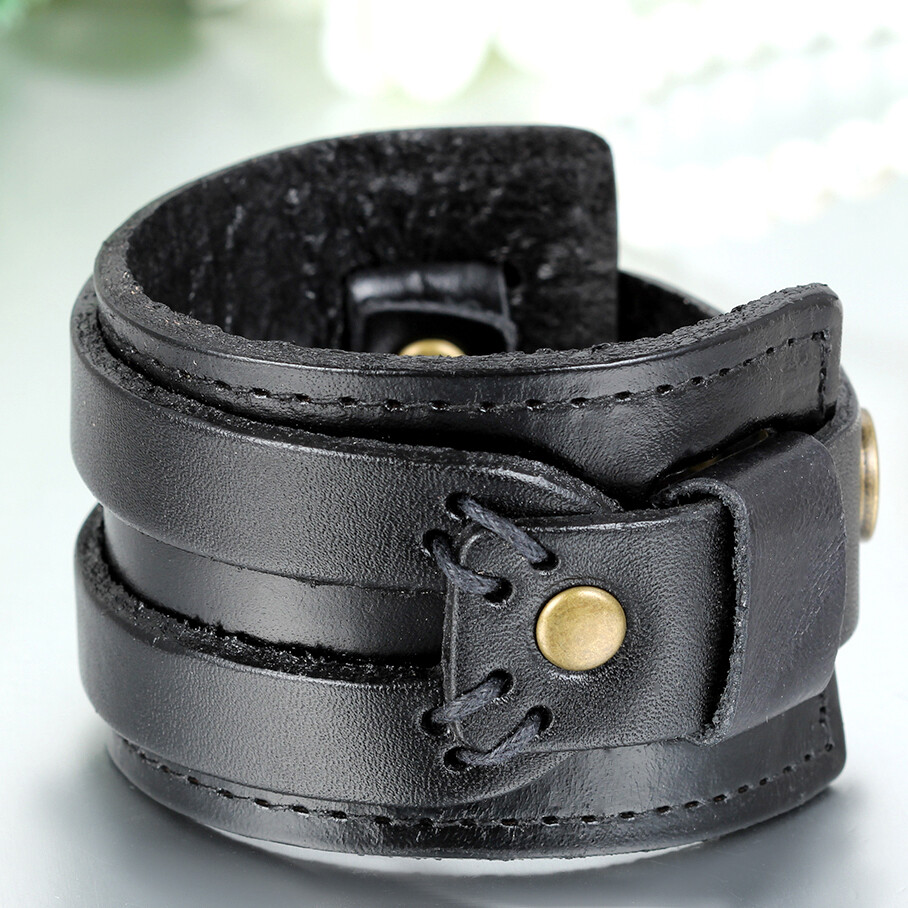 Wide Genuine Leather Bangle Cuff Bracelet Mens Womens Wristand Black / Brown