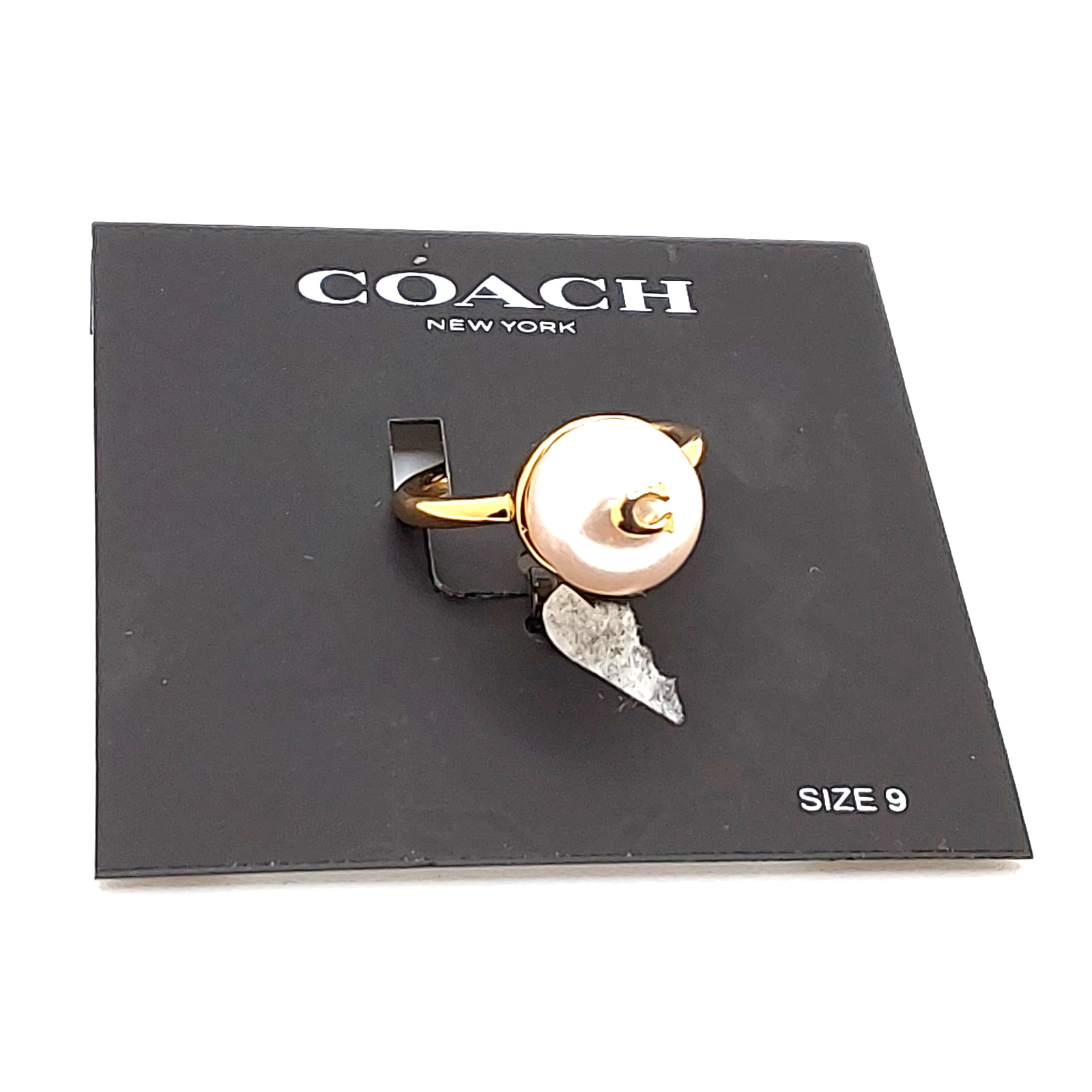 Coach New York Signature C Gold Tone Solitaire Pearl Ring Women’s Size 9