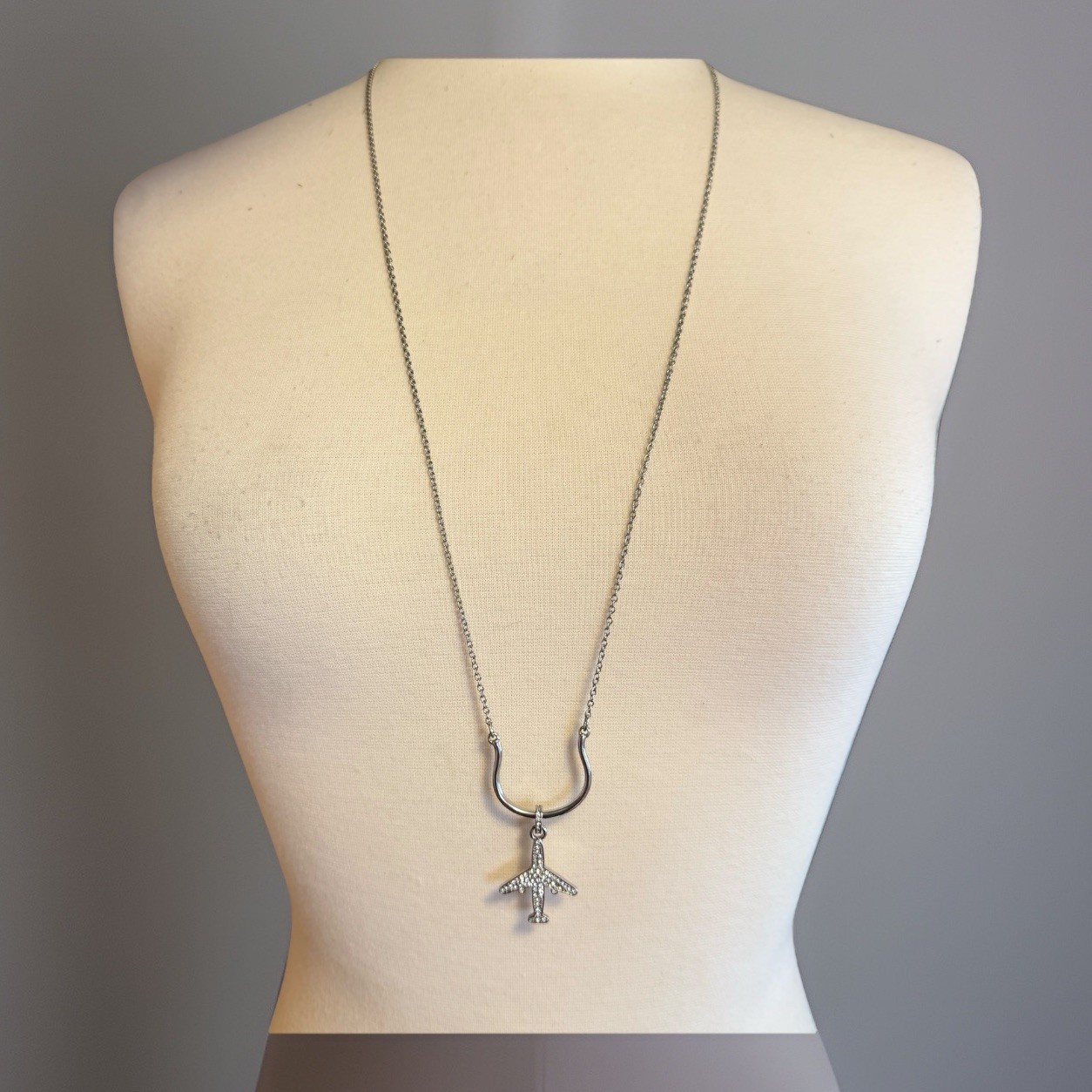White House Black Market Airplane Necklace CZ Silver Tone WHBM Airplane Necklace