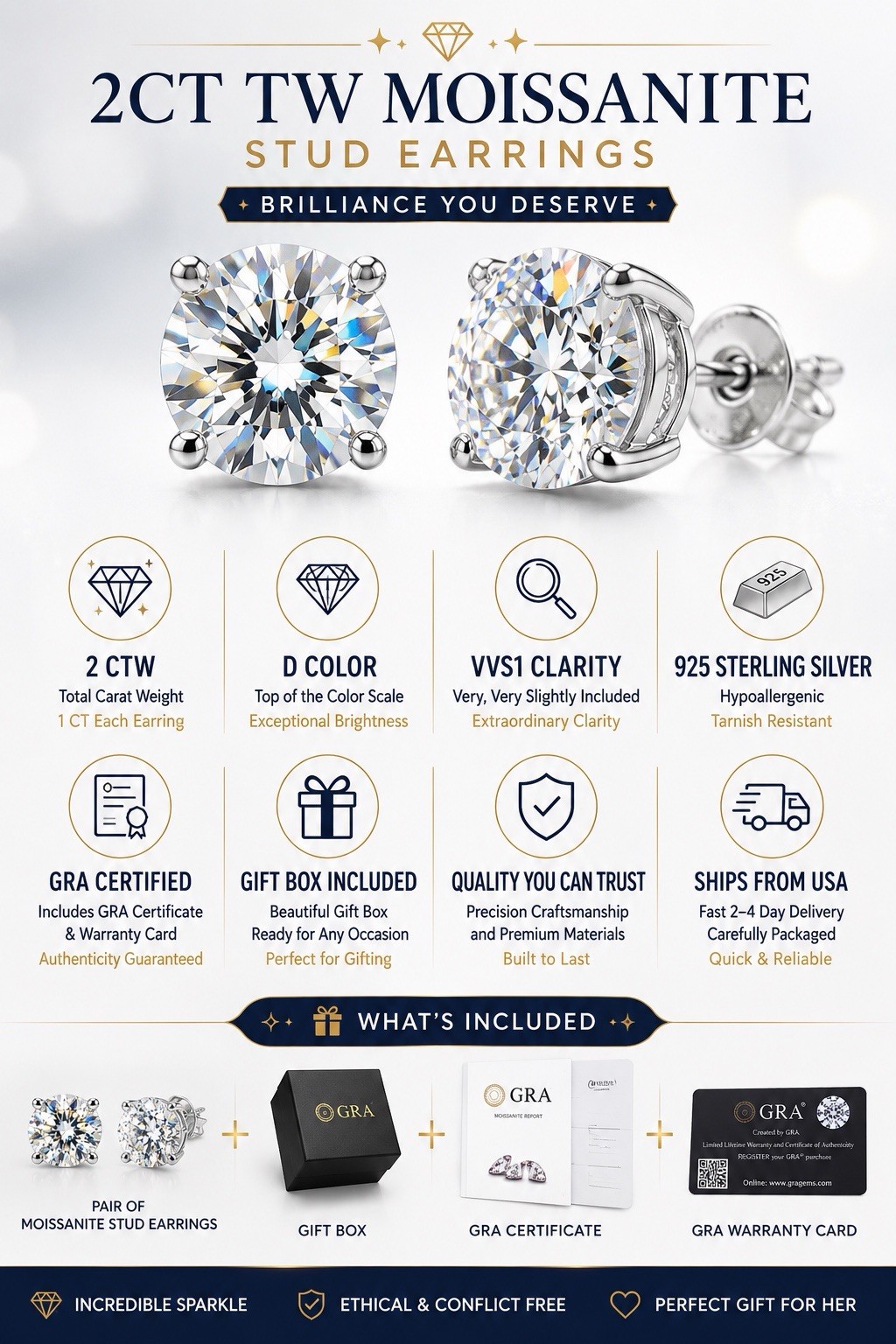 2Ct TW Moissanite Stud Earrings 925 Sterling Silver D Color VVS1 GRA Certified