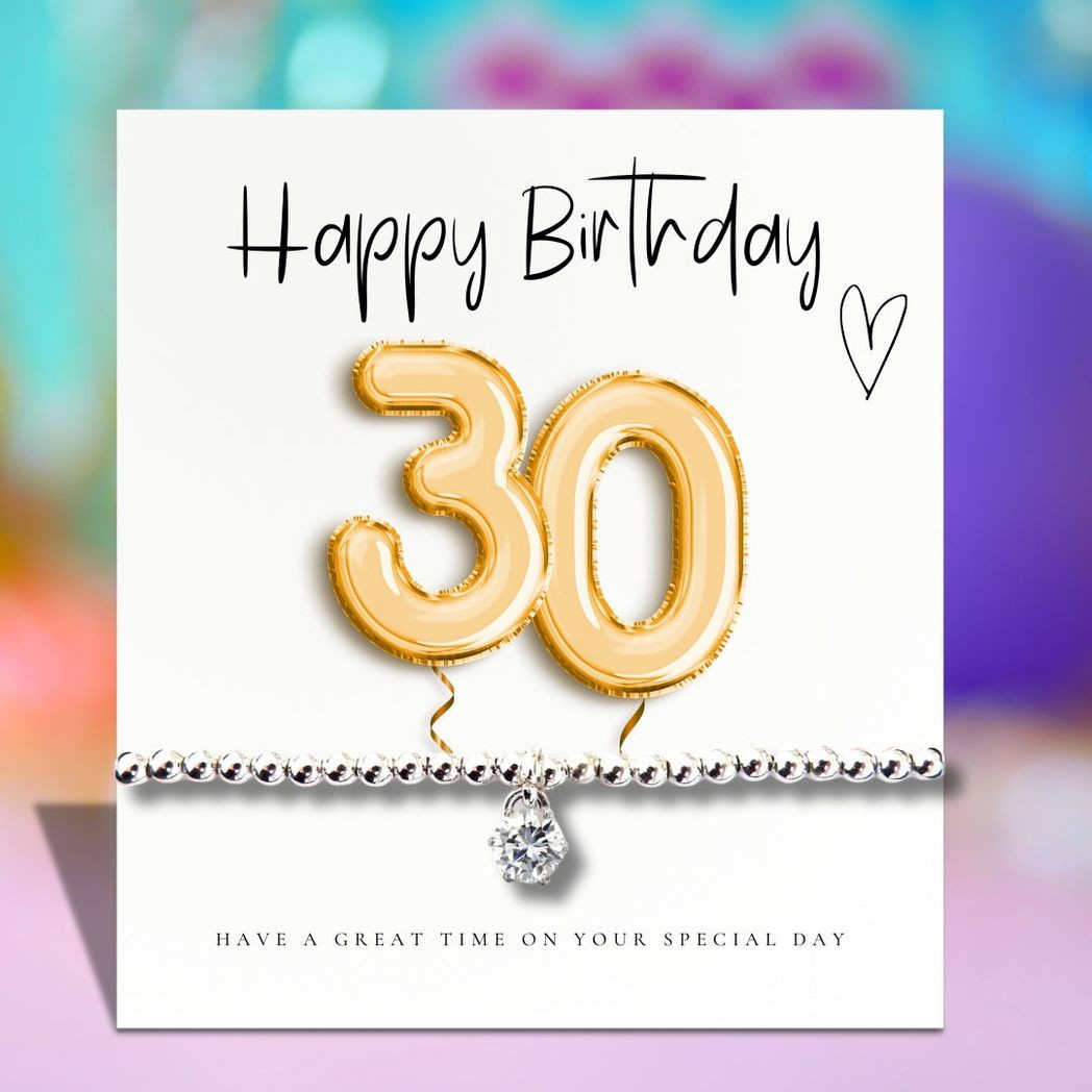 Bracelet Gold Cubic Zirconia 6-8in Charm Balloon 30th Birthday Gift Card Giftbox