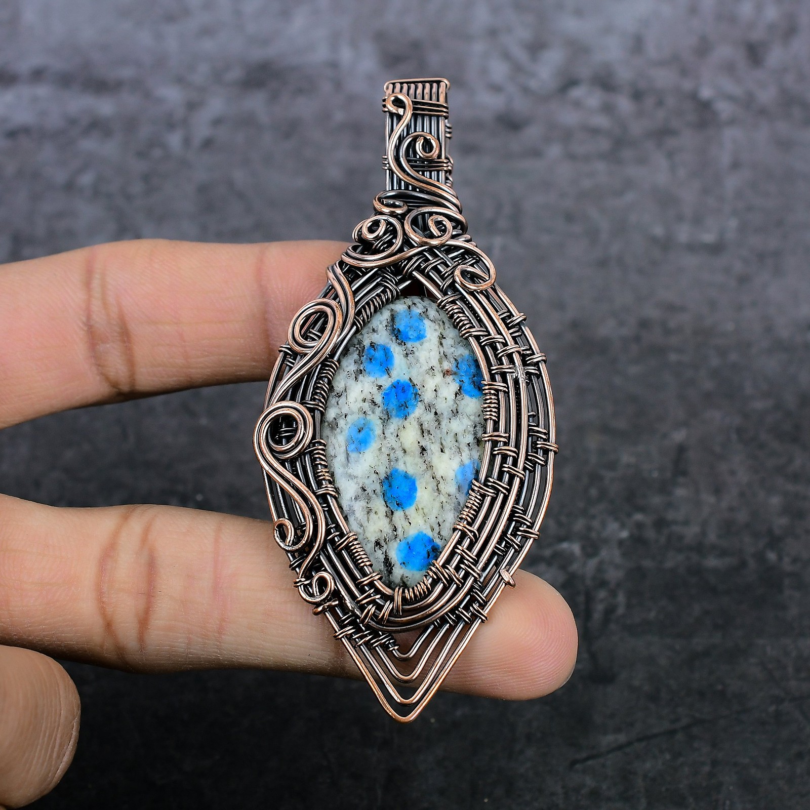 K2 Azurite Gemstone Copper Wire Wrap Jewelry Pendant 3.59″ Gift for Her v429