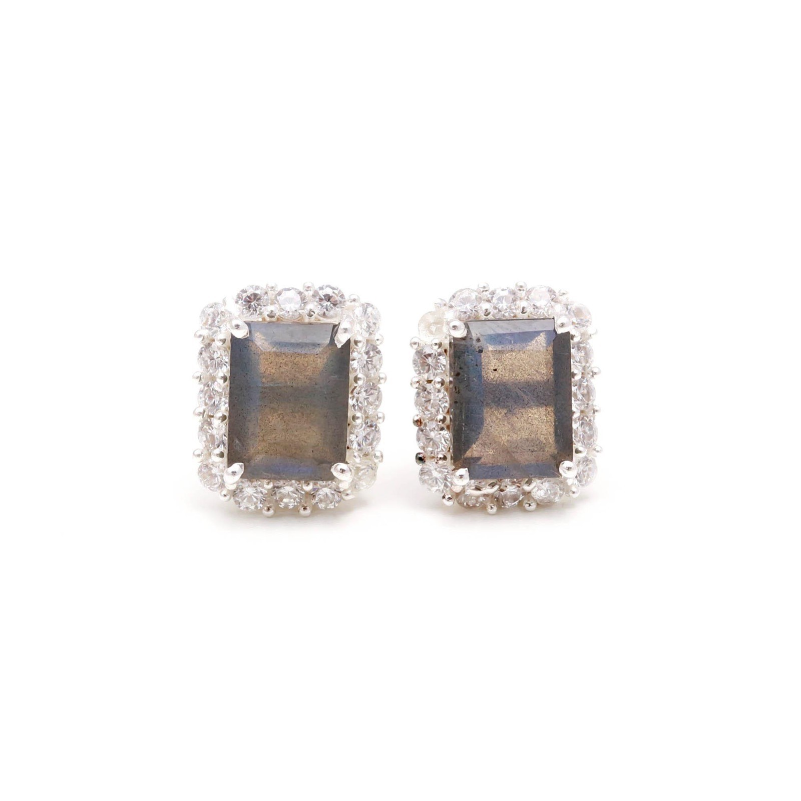 Natural Labradorite Octagon Stud Earrings 925 Sterling Silver Moissanite Jewelry