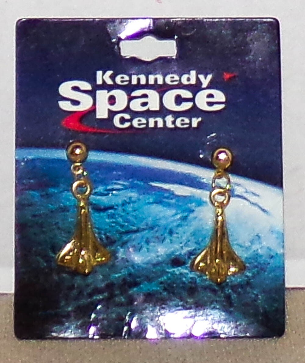 Kennedy Space Center Gold Tone Metal Space Shuttle Dangle Earrings – NEW ON CARD