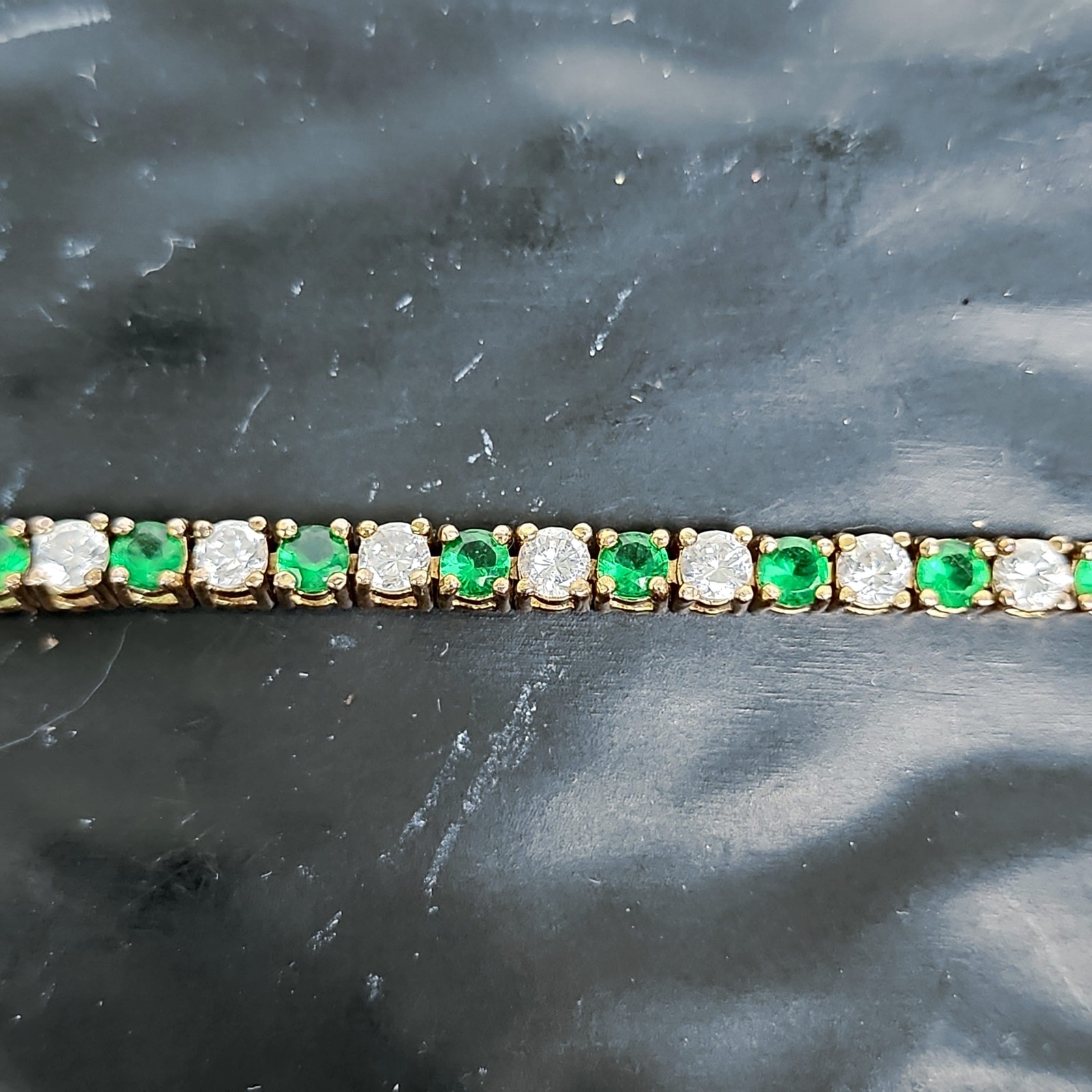 925 Sterling Silver Gold Emerald Green & Clear CZ Tennis Link Bracelet 7.25”