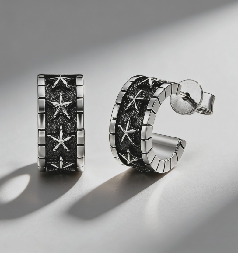 Men’s Retro Hammer Starry Sky Fashion Silver Plated C-shaped Stud Earrings
