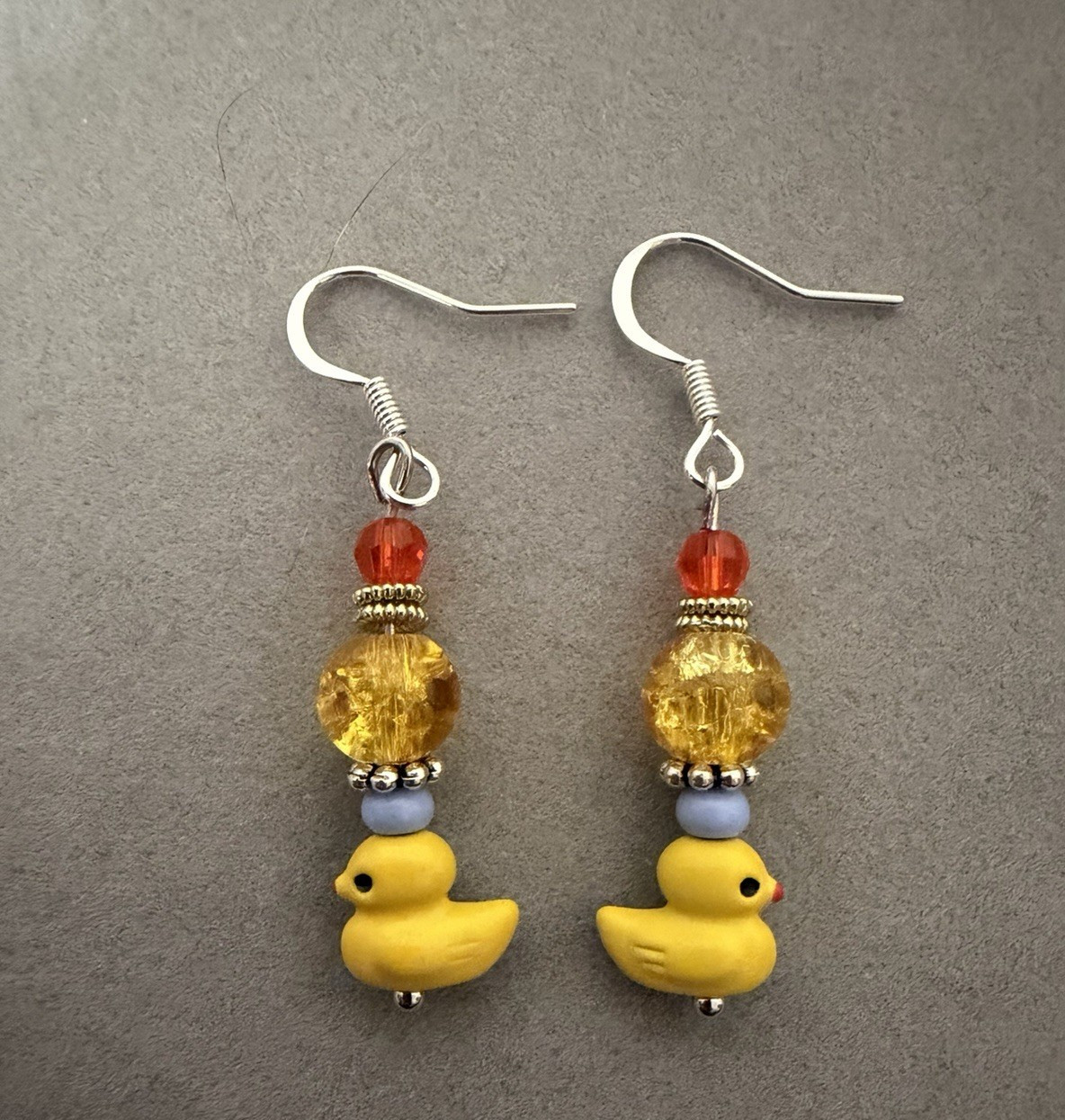 Yellow Duck Dangle/Drop Hook Earrings Glass Beaded Yellow Orange Blue Animal