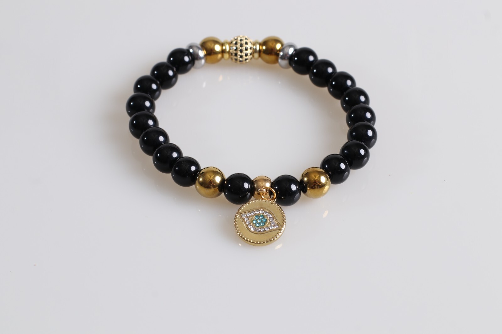 Pulsera Casual Para Hombres cuentas Agata De Onix Y Hermatita Medalla Ojo Suerte