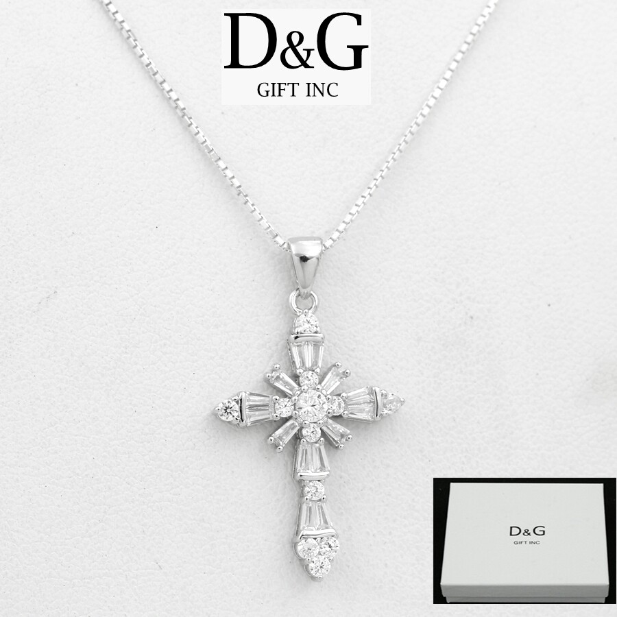 DG Women’s Sterling Silver Cross CZ 32mm Small Pendant 18″ Necklace.BOX